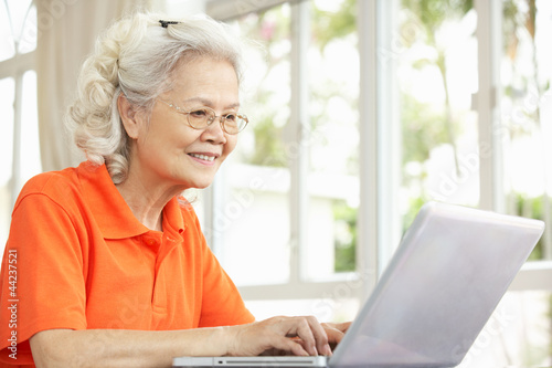 Photo: Senior Chinese Woman Sitting At Desk Using Laptop At Home Senior Chinese Woman Sitting At Desk Using Laptop At Home