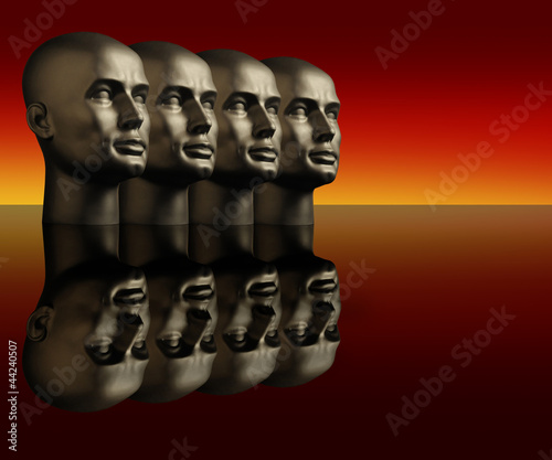 Illustration: Four silver mannaquin heads on a reflective surface Four silver mannaquin heads on a reflective surface