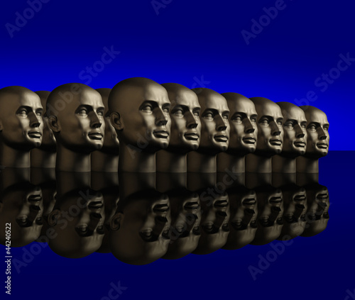 Illustration: Metallic heads lined up on a reflective black surface Metallic heads lined up on a reflective black surface