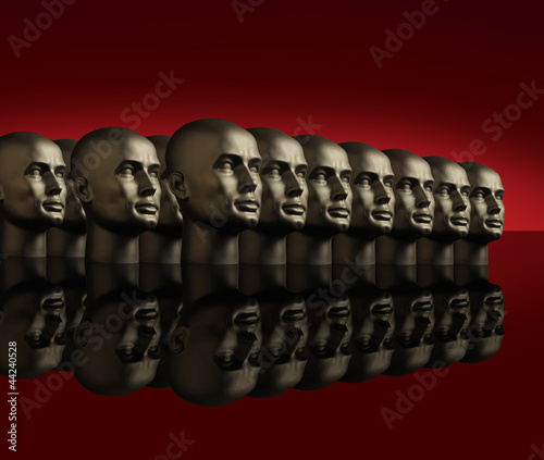 Illustration: Metallic heads lined up on a reflective black surface Metallic heads lined up on a reflective black surface