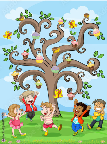Vector: kids playing under cake tree kids playing under cake tree