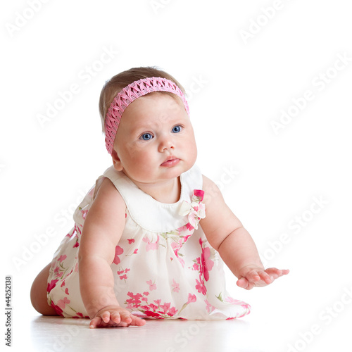 Photo: pretty crawling baby girl isolated on white background pretty crawling baby girl isolated on white background