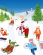 Group of cheerful children sledding and skiing.