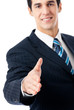 Businessman giving hand for handshake, isolated