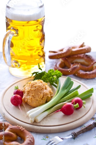 Photo: Obatzda cheese with pretzel and beer Obatzda cheese with pretzel and beer