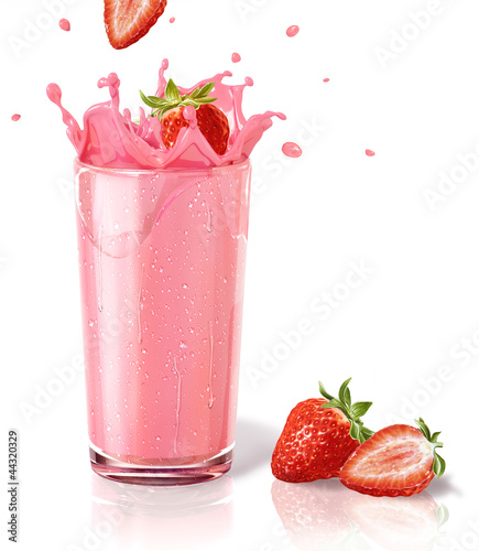 Illustration: Strawberries splashing into a milkshake glass, with two others o Strawberries splashing into a milkshake glass, with two others o