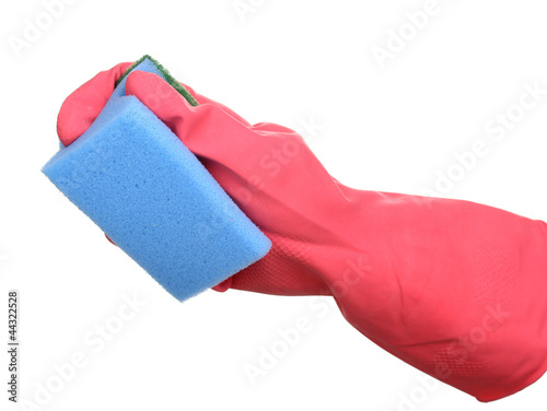 Photo: Sponge in hand isolated on white Sponge in hand isolated on white