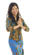 Asian woman gestures welcoming