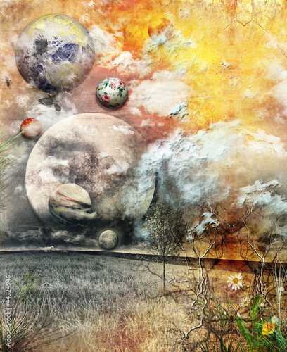 Illustration: Surreal field with planets. Surreal field with planets.