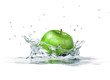 Green apple splashing into water. close up side view, with depth