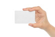 Hand holds business card on white background