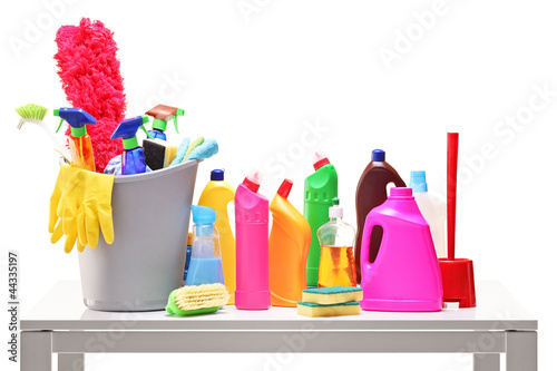 Photo: Bucket and cleaning supplies on a table Bucket and cleaning supplies on a table