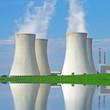 Nuclear power plant reflecting on the lake.
