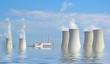 Flooded nuclear power plant. Ecological catastrophe concept.