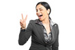 Smiling woman gesturing victory sign