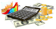 Calculator, bills and coins.