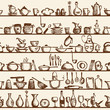 Kitchen utensils on shelves, sketch seamless pattern