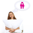 Young woman in white with heart symbols