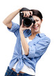 Woman-photographer takes images, isolated on white background