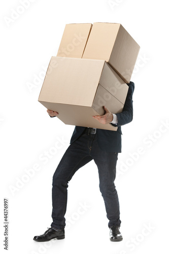 Photo: Shop assistant carries the goods, isolated, white background Shop assistant carries the goods, isolated, white background