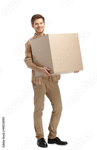 Photo: Rounds man carries the box, isolated, white background Rounds man carries the box, isolated, white background