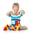 kid playing toy blocks  isolated on white background