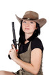 brunette girl in a hat with a gun