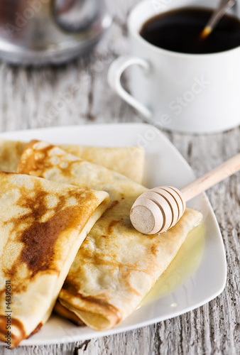Photo: Pancakes with honey and coffee Pancakes with honey and coffee