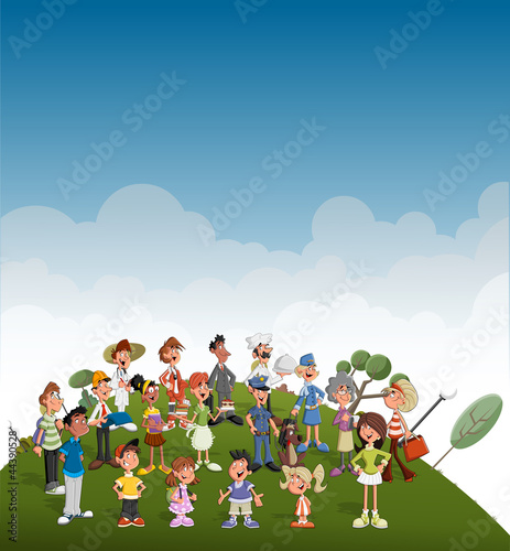 Vector: Cute happy cartoon people on green park. Professionals. Cute happy cartoon people on green park. Professionals.