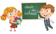 Vector: Boy wrote in chalk on blackboard. Girl holding a bouquet Boy wrote in chalk on blackboard. Girl holding a bouquet