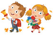 Vector: Schoolboy and schoolgirl go to school. Boy ringing the bell Schoolboy and schoolgirl go to school. Boy ringing the bell