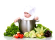 Cute baby chef with big pot and vegetables