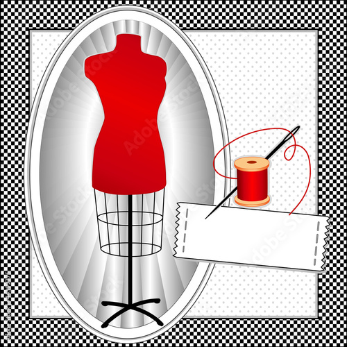 Vector: Tailor's Model, thread, sewing label, copy space, check frame Tailor's Model, thread, sewing label, copy space, check frame