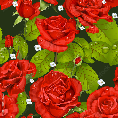 Vector: Seamless pattern of red roses on a dark green background Seamless pattern of red roses on a dark green background