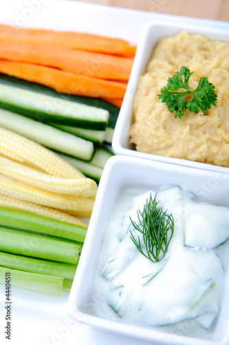 Photo: Variety of healthy dips with vegetable sticks Variety of healthy dips with vegetable sticks