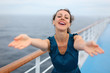 Beautiful woman stands on board of large ship