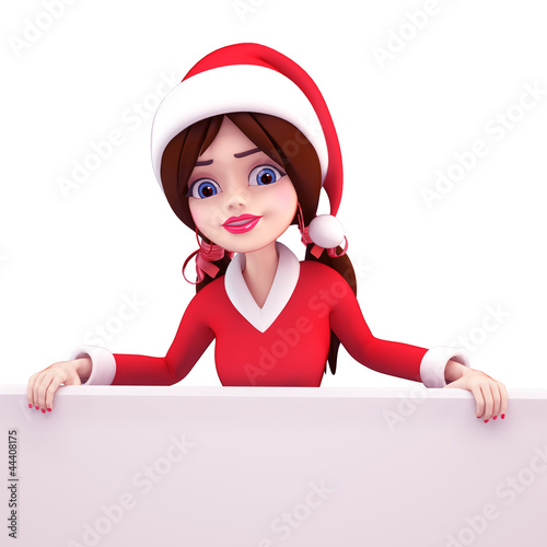 Illustration: 3d art illustration of santa girl standing with white sign 3d art illustration of santa girl standing with white sign