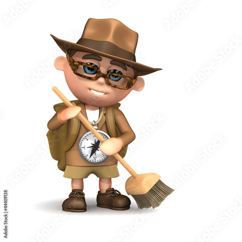 Illustration: 3d Adventurer sweeps with a broom 3d Adventurer sweeps with a broom