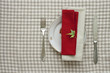 Lunch table appointments with plate, knife and fork on linen tab