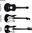 Silhouettes of acoustic, electric and bass guitar illustration