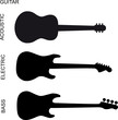 Silhouettes of acoustic, electric and bass guitar illustration