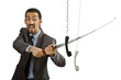 Angry businessman cutting the phone cable