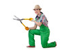 Girl with garden scissors on white