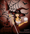 Happy halloween card, sexy witch and skull