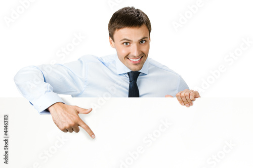 Photo: Businessman showing signboard, on white Businessman showing signboard, on white