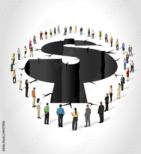 Vector: business people around hole with the shape of money symbols business people around hole with the shape of money symbols
