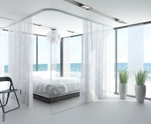 Ilustración: Amazing Bedroom with White Bed with Sea View Amazing Bedroom with White Bed with Sea View