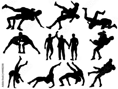 Vector: Wrestlers and referee silhouettes on white background Wrestlers and referee silhouettes on white background