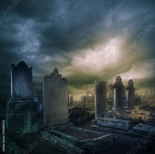 Photo: cemetery, graveyard with tombstones at night cemetery, graveyard with tombstones at night