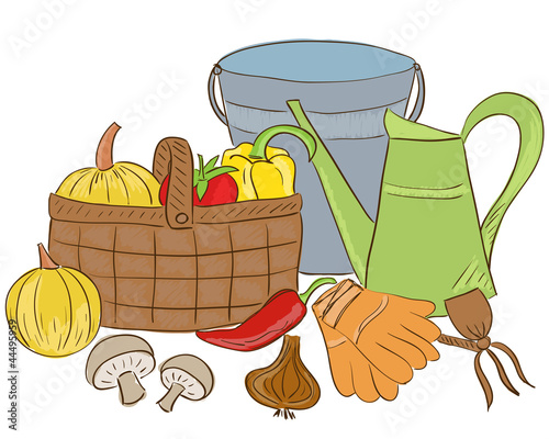 Vector: Illustration of garden tools and harvest basket Illustration of garden tools and harvest basket